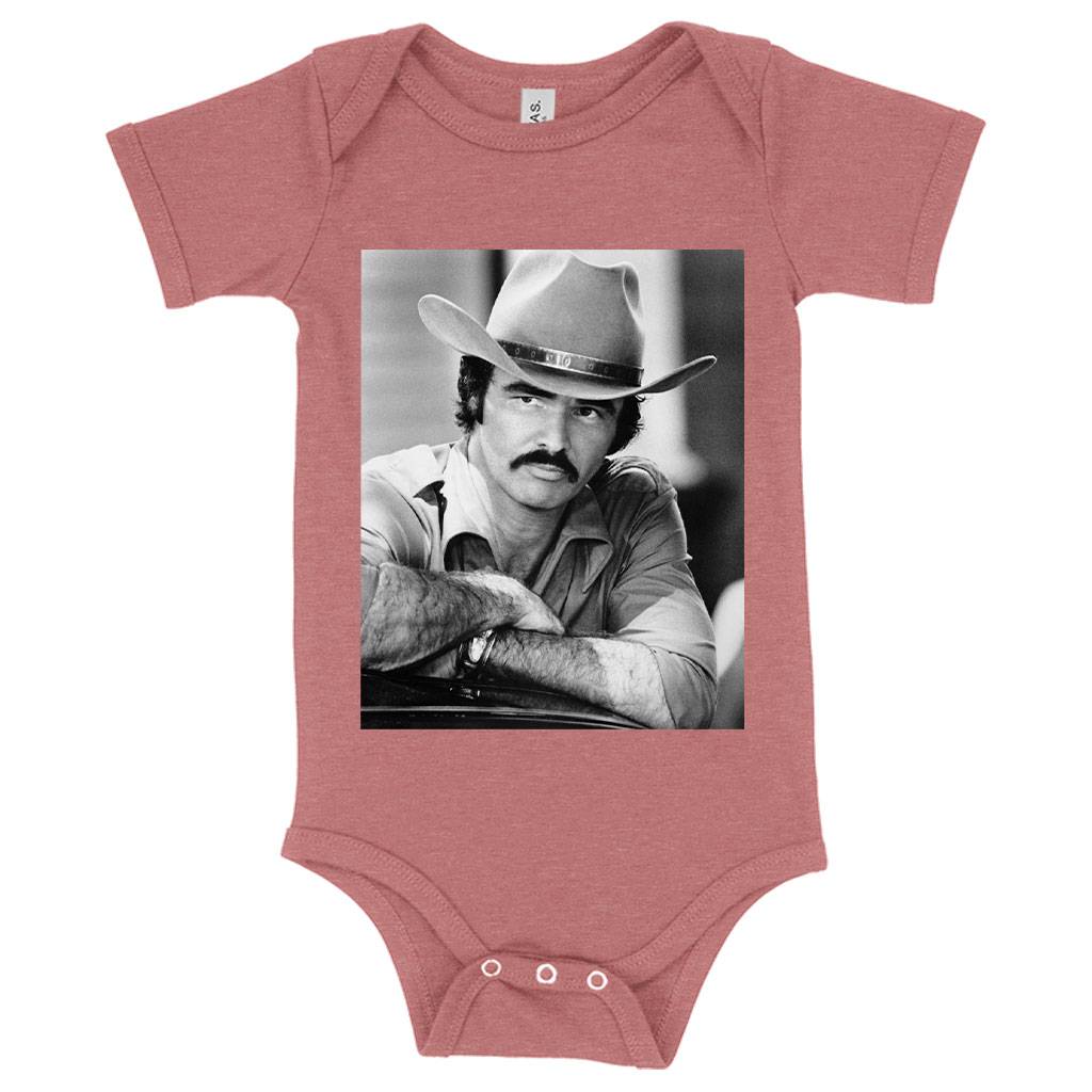 57423-eeefa7.jpeg Baby Burt Reynolds Onesie - Vintage Onesies Baby Clothing Kids & Baby Color : Mauve Triblend|Peach Triblend|Ice Blue Triblend
