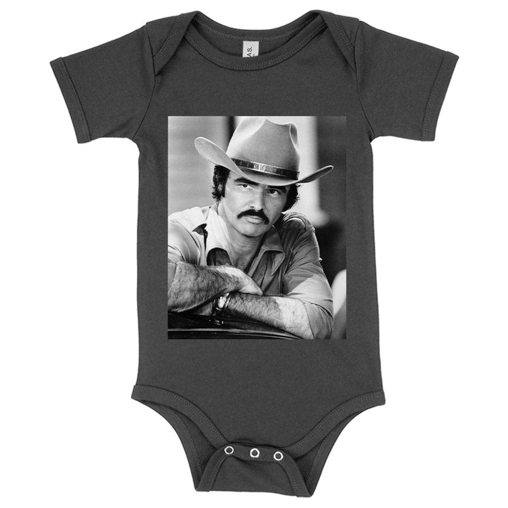 57690-ee4583.jpeg Baby Jersey Burt Reynolds Onesie - Vintage Onesies Baby Clothing Kids & Baby Color : Asphalt|Heather Columbia Blue|White