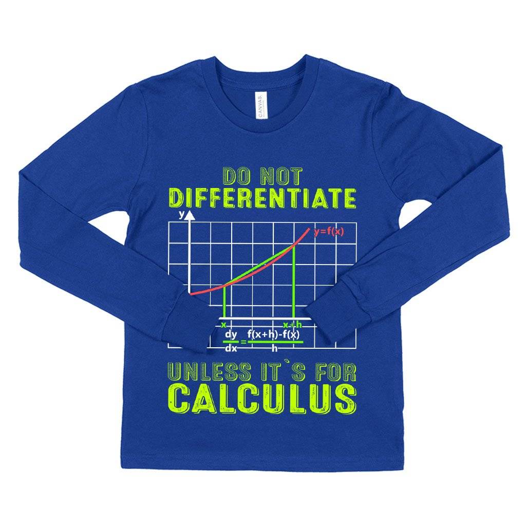 58956-b56e95.jpeg Kids' Do Not Differentiate Long Sleeve T-Shirt - Calculus T-Shirts - Math T-Shirts Kids & Baby Kids' Clothing Color : Heather Yellow Gold|True Royal Blue|White
