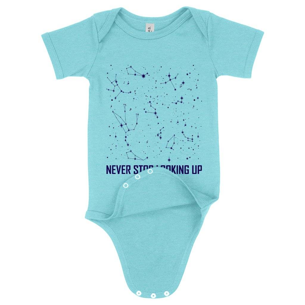 59954-4dc0f3.jpeg Baby Never Stop Looking Up Onesie - Constellation Onesie - Stars Onesie Baby Clothing Kids & Baby Color : Gray Triblend|Peach Triblend|Ice Blue Triblend