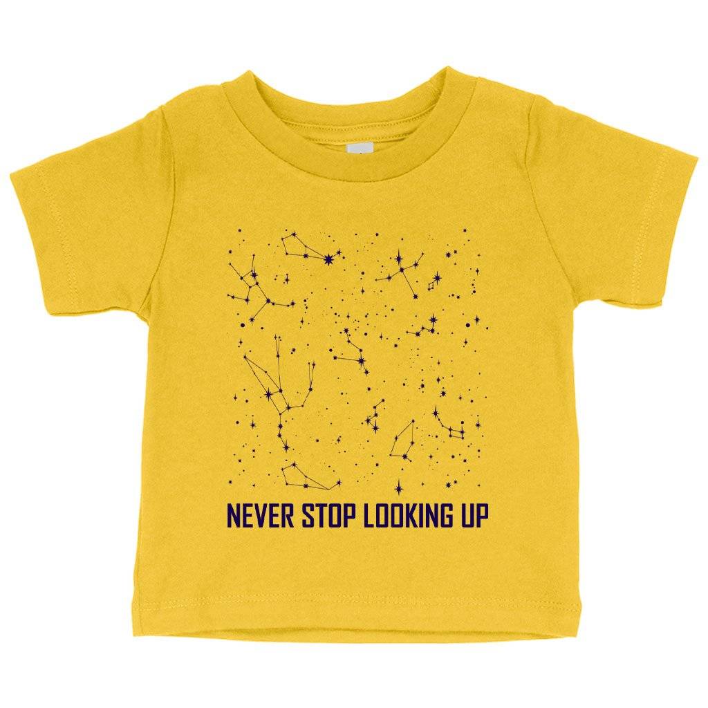 59955-f7ee7e.jpeg Baby Never Stop Looking Up T-Shirt - Constellation T-Shirt - Stars T-Shirt Baby Clothing Kids & Baby Color : Yellow|Heather Columbia Blue|Navy