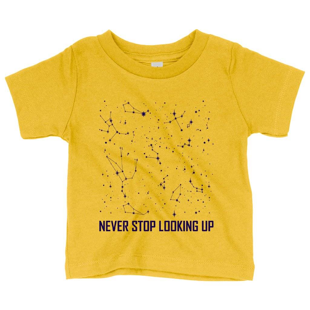 59955-fba5f1.jpeg Baby Never Stop Looking Up T-Shirt - Constellation T-Shirt - Stars T-Shirt Baby Clothing Kids & Baby Color : Yellow|Heather Columbia Blue|Navy