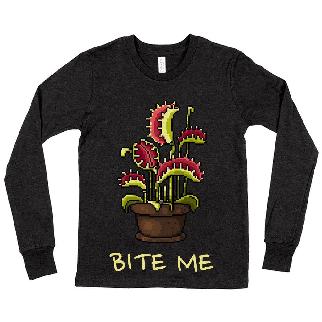 60856-6f5575.jpeg Kids' Bite Me Long Sleeve T-Shirt - Venus Flytrap T-Shirt Kids & Baby Kids' Clothing Color : True Royal Blue|Heather Yellow Gold|Dark Gray Heather