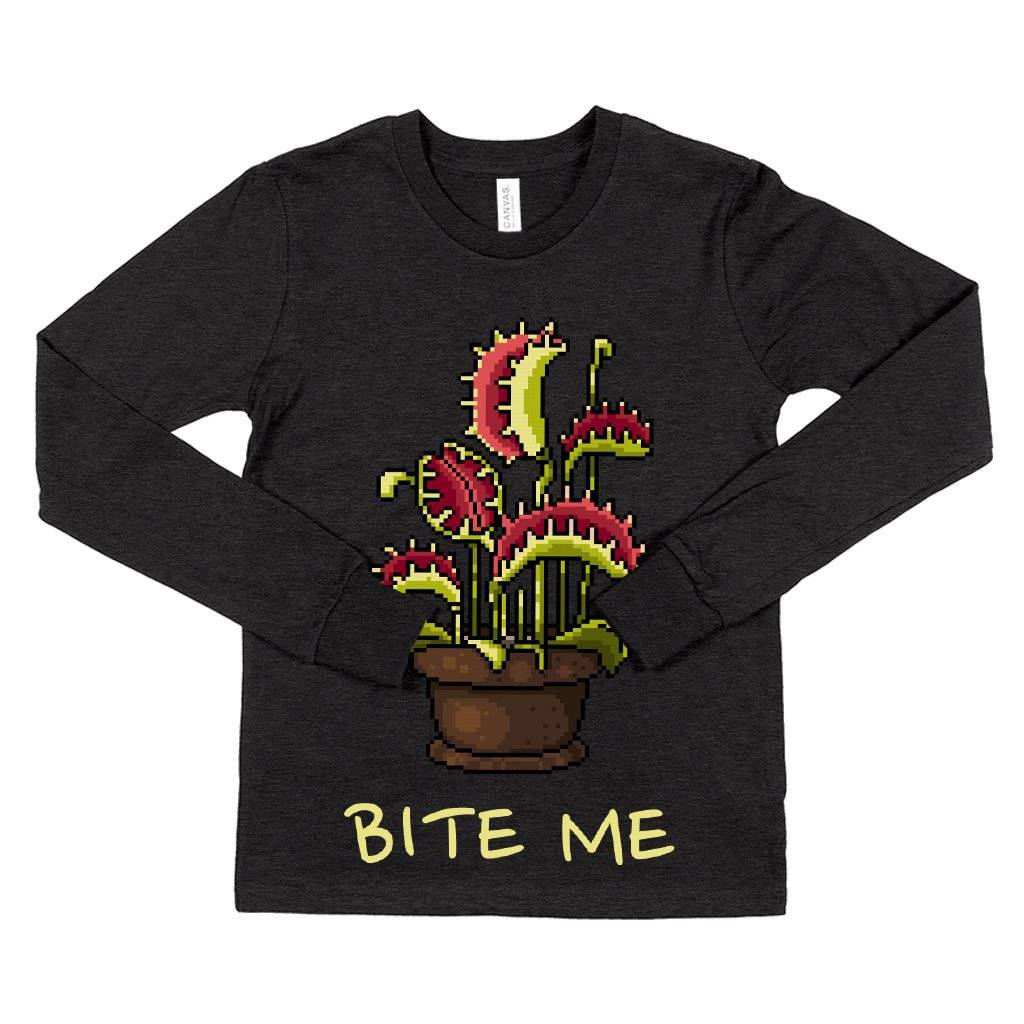 60856-ffba12.jpeg Kids' Bite Me Long Sleeve T-Shirt - Venus Flytrap T-Shirt Kids & Baby Kids' Clothing Color : True Royal Blue|Heather Yellow Gold|Dark Gray Heather