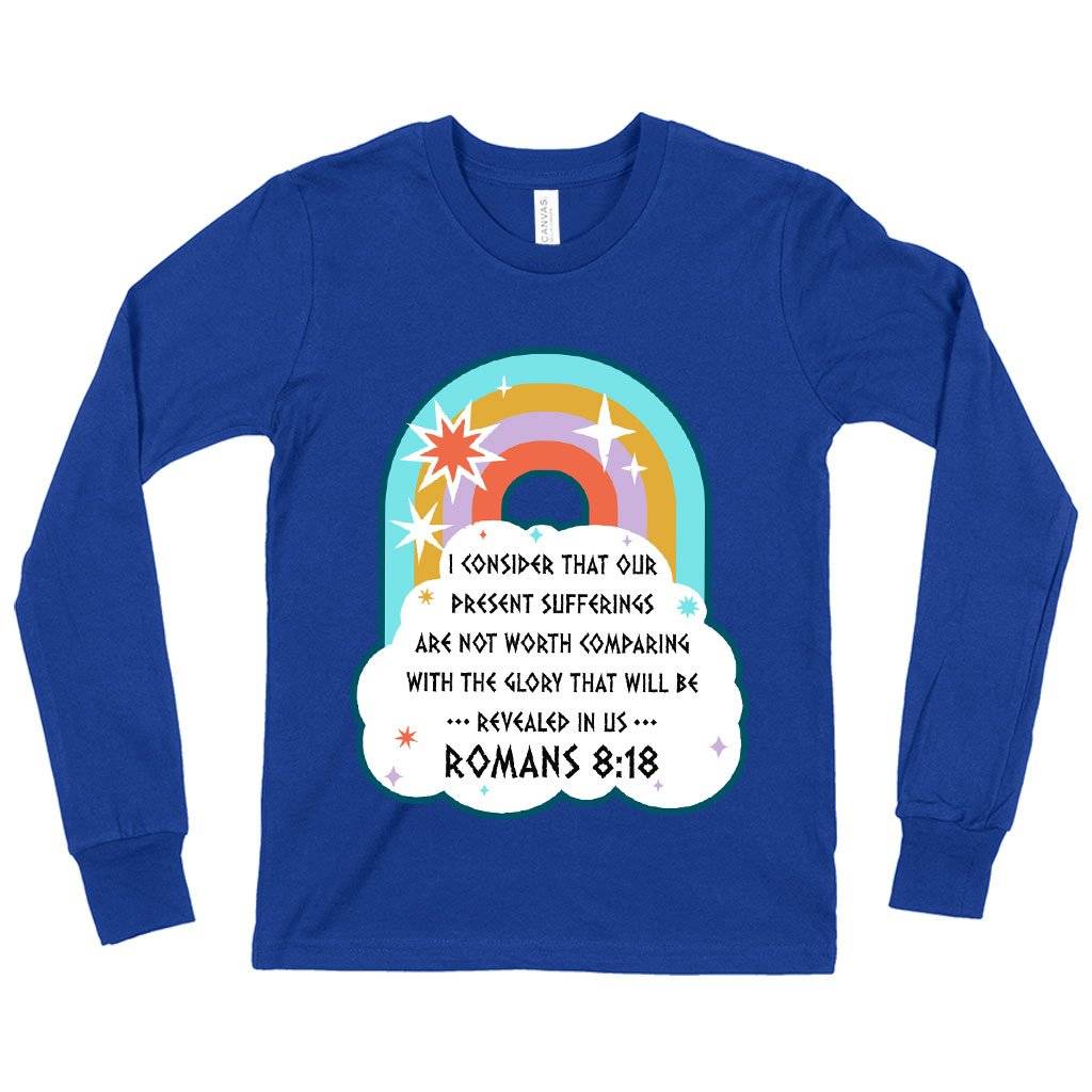 61184-d8a9ca.jpeg Kids' I Consider That Our Present Sufferings Long Sleeve T-Shirt - Bible Verse T-Shirt Design - Bible Verses Christian T-Shirts Kids & Baby Kids' Clothing Color : True Royal Blue|Heather Yellow Gold|Dark Gray Heather