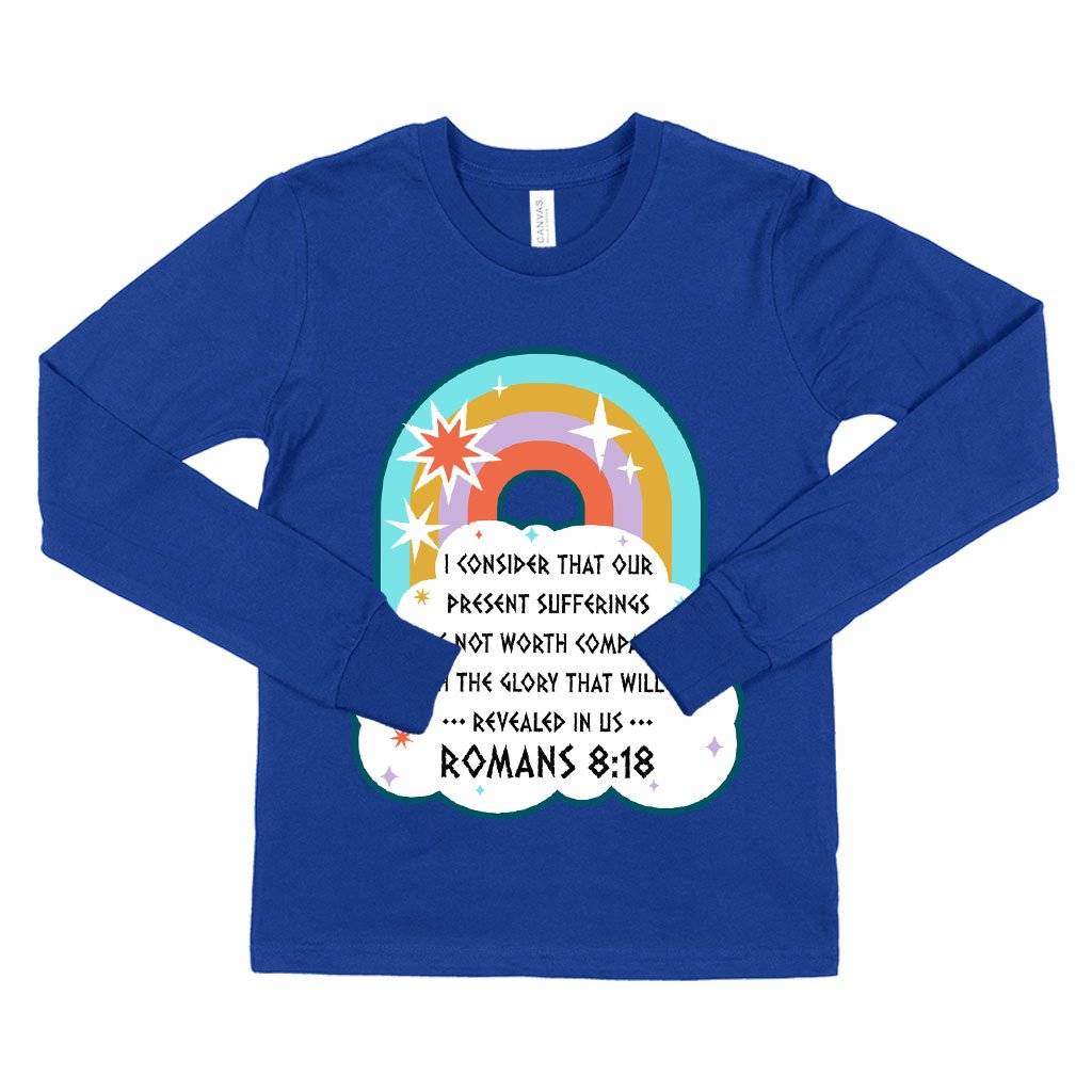 61184-dde073.jpeg Kids' I Consider That Our Present Sufferings Long Sleeve T-Shirt - Bible Verse T-Shirt Design - Bible Verses Christian T-Shirts Kids & Baby Kids' Clothing Color : True Royal Blue|Heather Yellow Gold|Dark Gray Heather