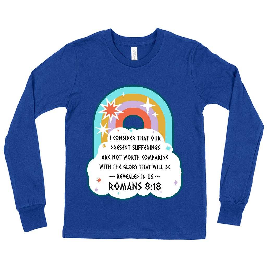 61184-efd937.jpeg Kids' I Consider That Our Present Sufferings Long Sleeve T-Shirt - Bible Verse T-Shirt Design - Bible Verses Christian T-Shirts Kids & Baby Kids' Clothing Color : True Royal Blue|Heather Yellow Gold|Dark Gray Heather