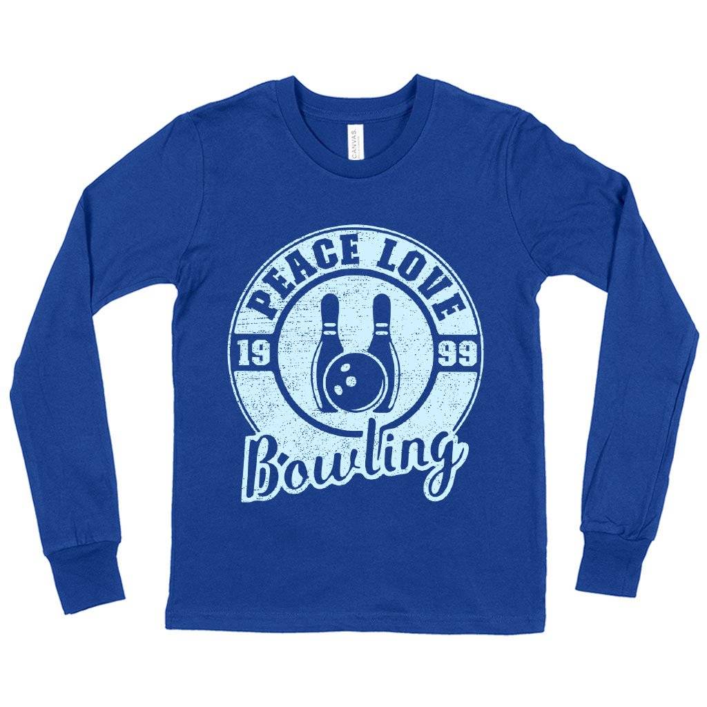 61196-29f833.jpeg Kids' Peace Love Bowling Long Sleeve T-Shirt - Bowling T-Shirt Design - Bowling Themed T-Shirts Kids & Baby Kids' Clothing Color : Heather Yellow Gold|True Royal Blue|White