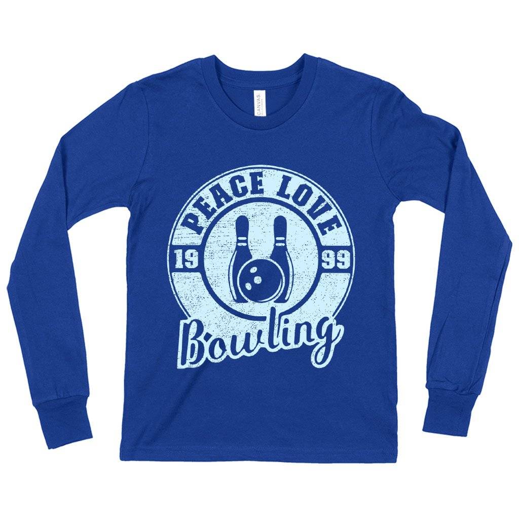 61196-7e927b.jpeg Kids' Peace Love Bowling Long Sleeve T-Shirt - Bowling T-Shirt Design - Bowling Themed T-Shirts Kids & Baby Kids' Clothing Color : Heather Yellow Gold|True Royal Blue|White
