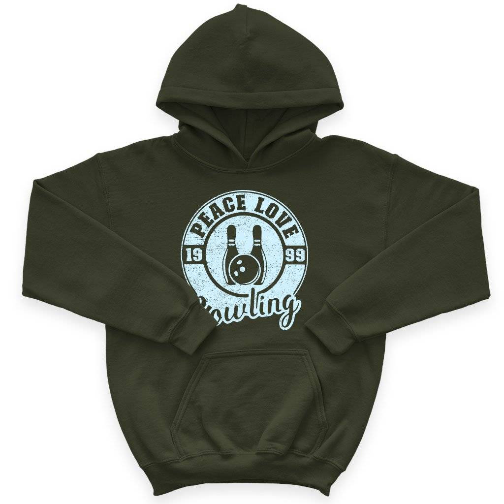 61281-090025.jpeg Kids' Sponge Fleece Peace Love Bowling Hoodie - Bowling Hoodie Design - Bowling Themed Hoodies Kids & Baby Kids' Clothing Color : Military Green|Black|Athletic Heather