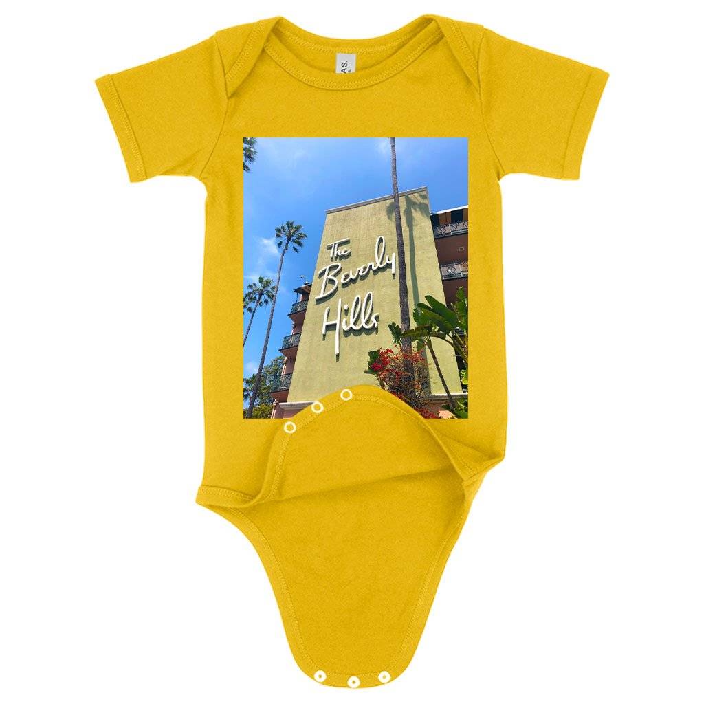 62190-1205c8.jpeg Baby Jersey Beverly Hills Onesie - 90210 Onesie Baby Clothing Kids & Baby Color : Heather Dust|Yellow|Heather Columbia Blue