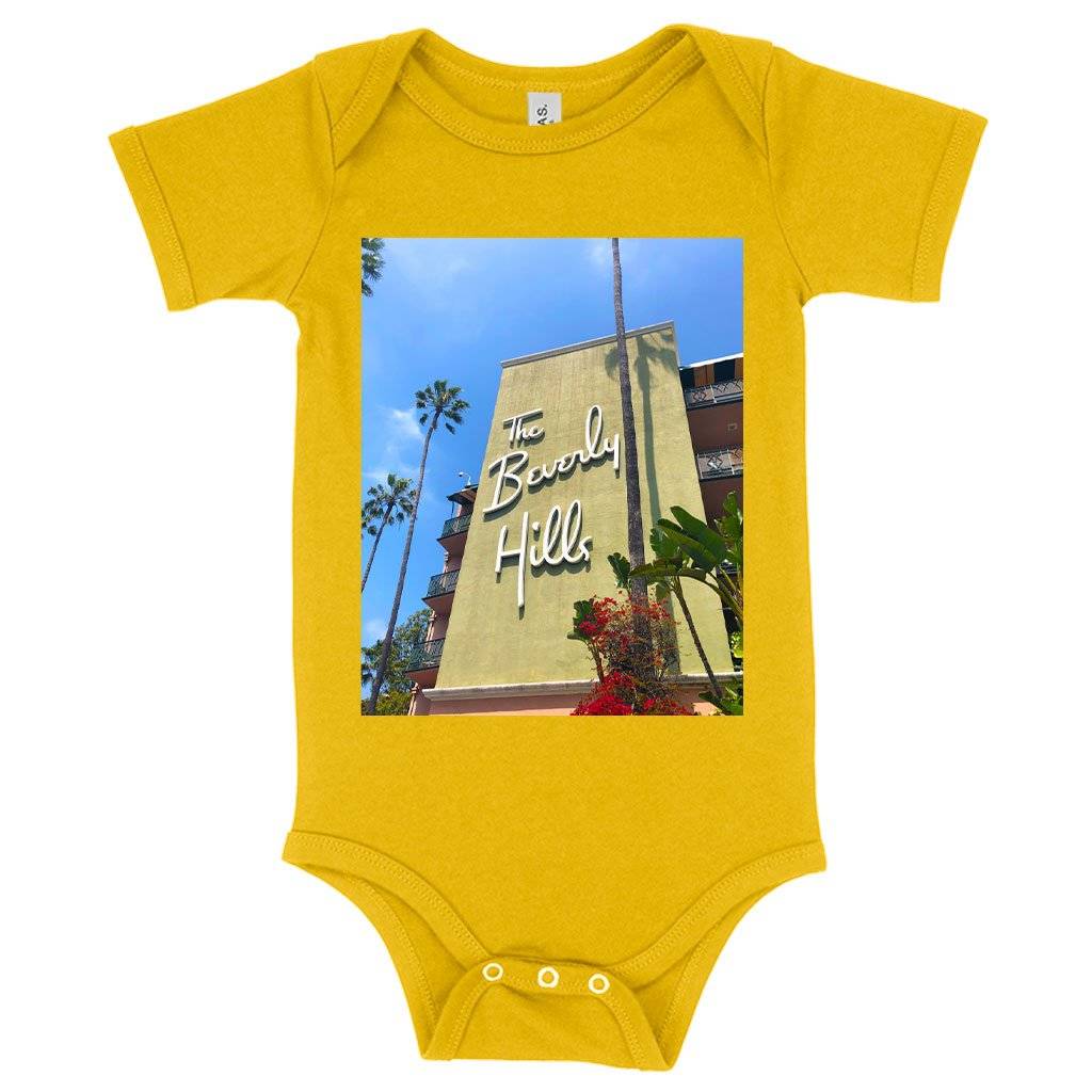 62190-57830b.jpeg Baby Jersey Beverly Hills Onesie - 90210 Onesie Baby Clothing Kids & Baby Color : Heather Dust|Yellow|Heather Columbia Blue