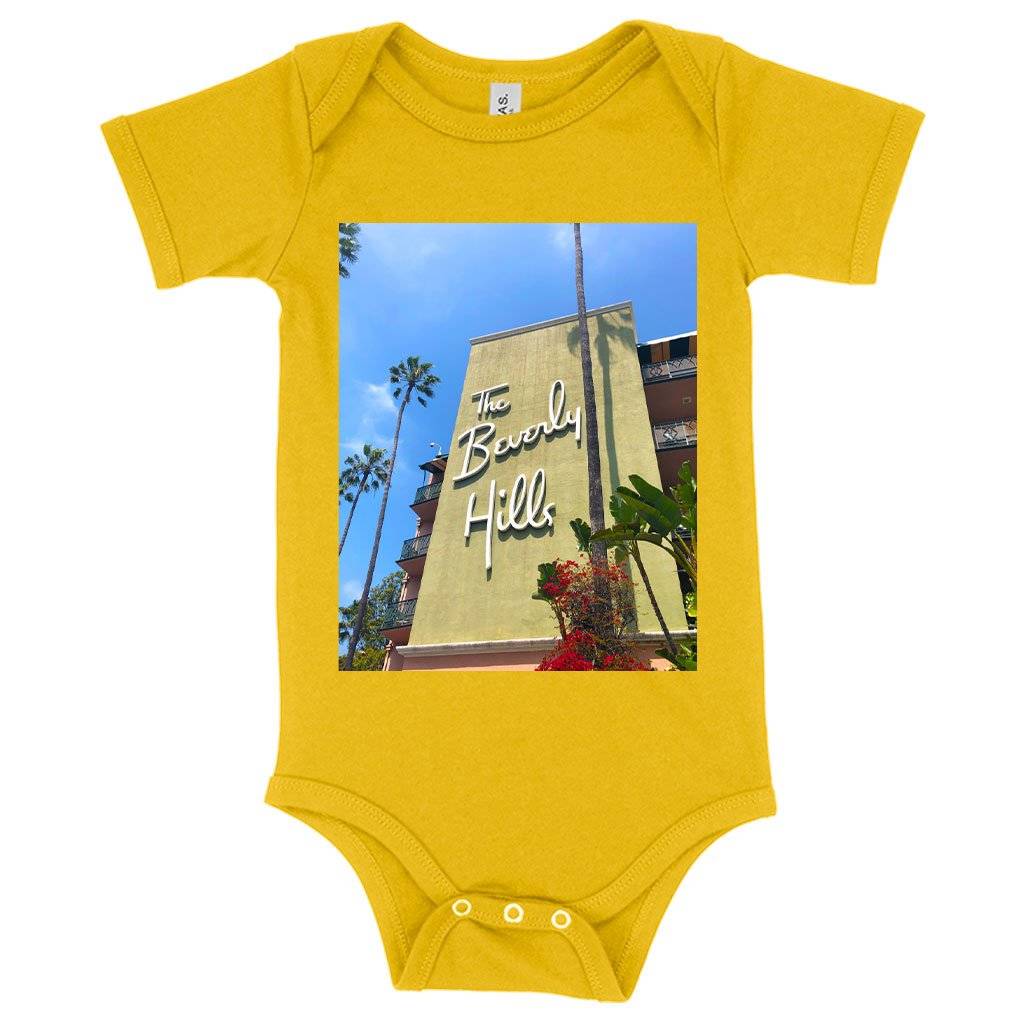 62190-a87754.jpeg Baby Jersey Beverly Hills Onesie - 90210 Onesie Baby Clothing Kids & Baby Color : Heather Dust|Yellow|Heather Columbia Blue