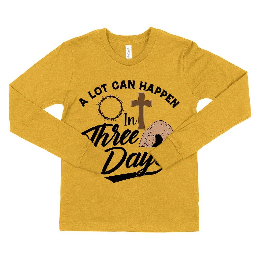 62658-1cb554.jpeg Kids' A Lot Can Happen in 3 Days Long Sleeve T-Shirt - Christian T-Shirts - Religious Tee Shirts Kids & Baby Kids' Clothing Color : White|Heather Yellow Gold|Black