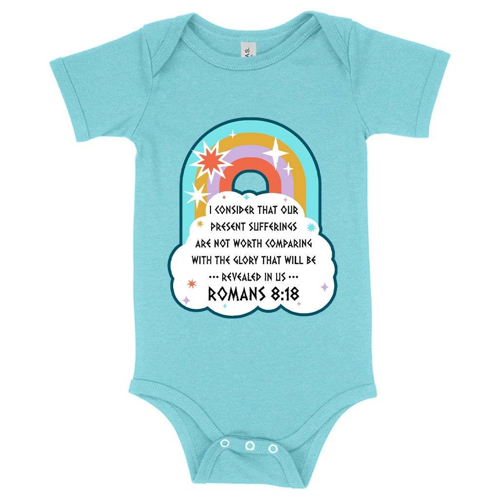 62906-140cbf.jpeg Baby I Consider That Our Present Sufferings Onesie - Bible Verse Onesie Design - Bible Verses Christian Onesies Baby Clothing Kids & Baby Color : Mauve Triblend|Ice Blue Triblend|Gray Triblend