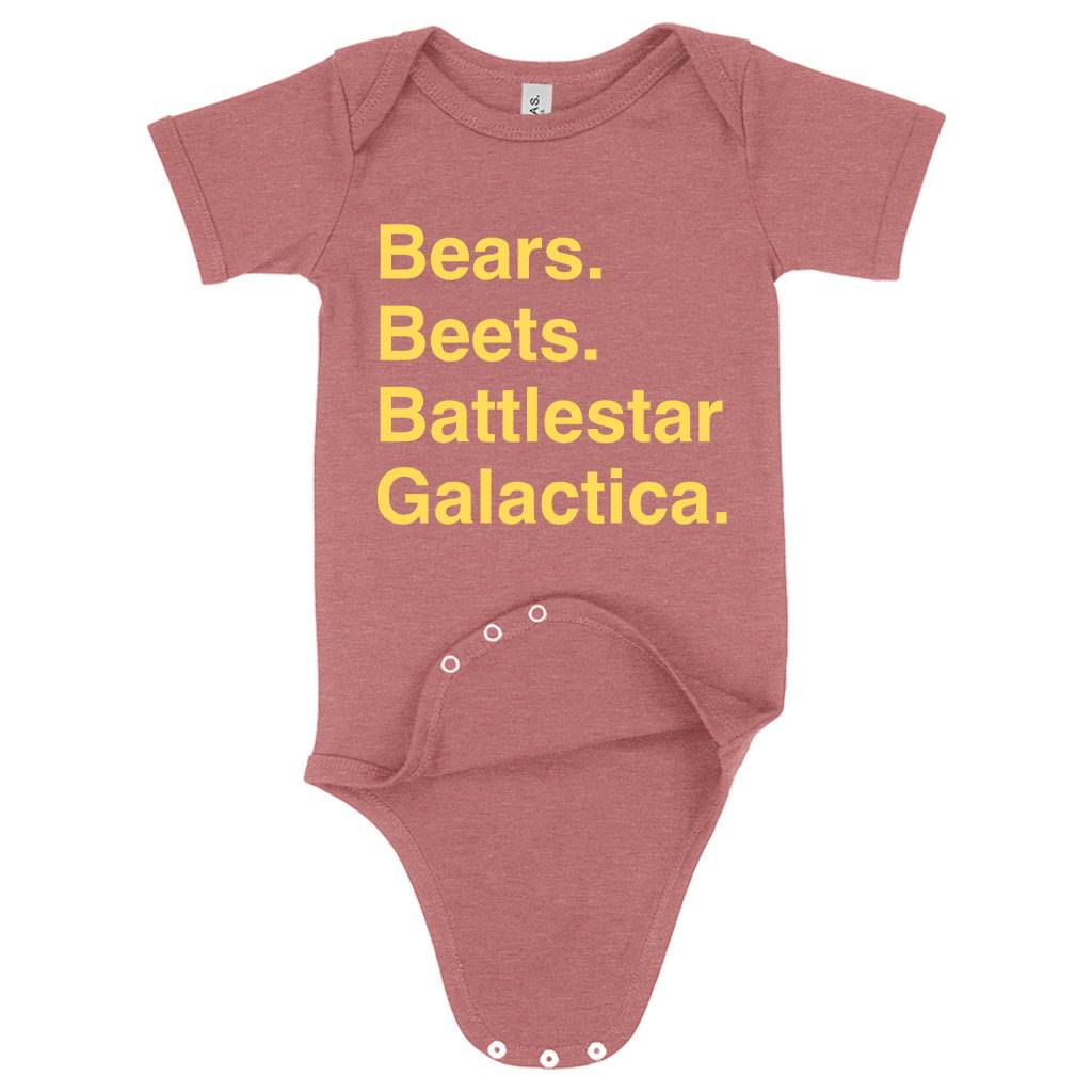 64017-15875b.jpeg Baby Bears Beets Battlestar Galactica Onesie - BSG Onesie Baby Clothing Kids & Baby Color : Peach Triblend|Mauve Triblend|Gray Triblend