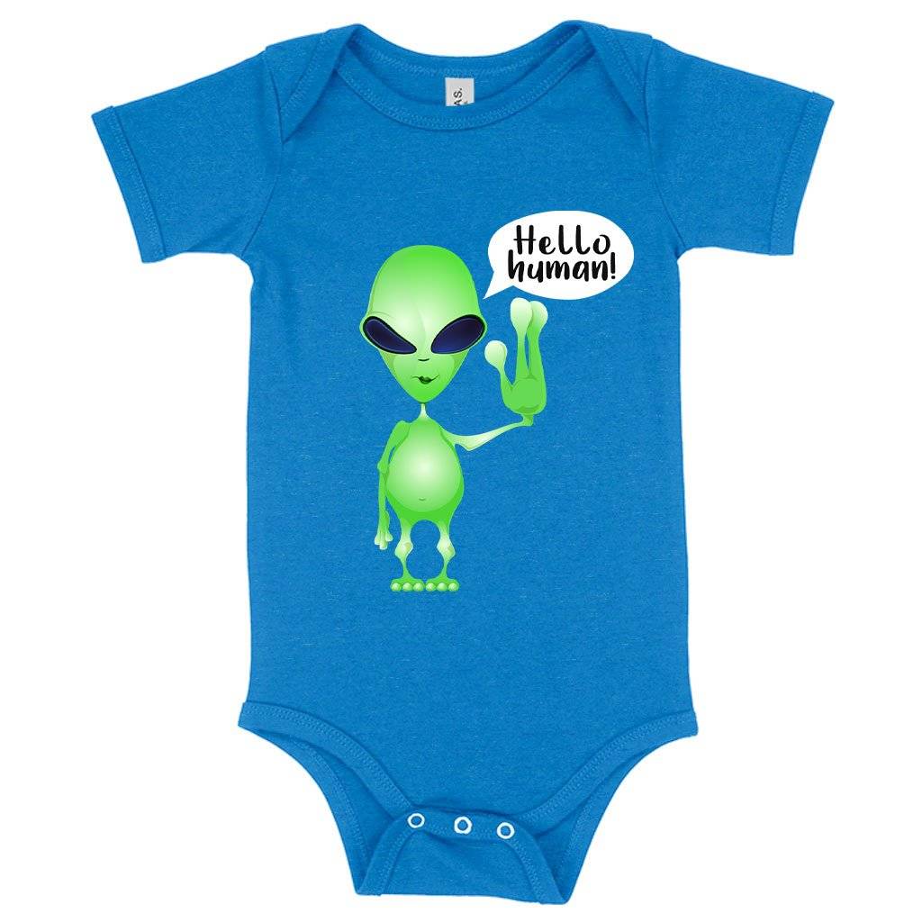 71195-34f4ab.jpeg Baby Jersey Hello Human Onesie - Alien Onesie Baby Clothing Kids & Baby Color : White|Asphalt|Heather Columbia Blue
