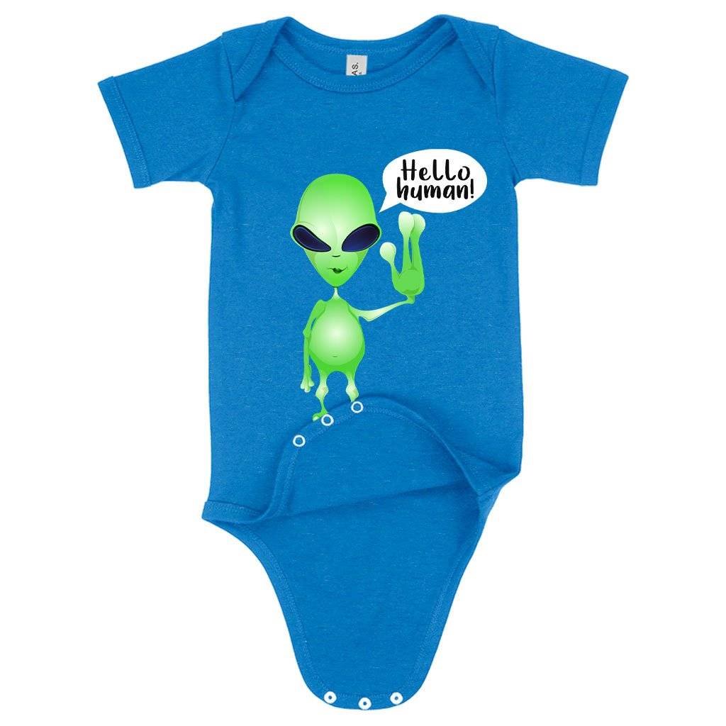 71195-b894fa.jpeg Baby Jersey Hello Human Onesie - Alien Onesie Baby Clothing Kids & Baby Color : White|Asphalt|Heather Columbia Blue