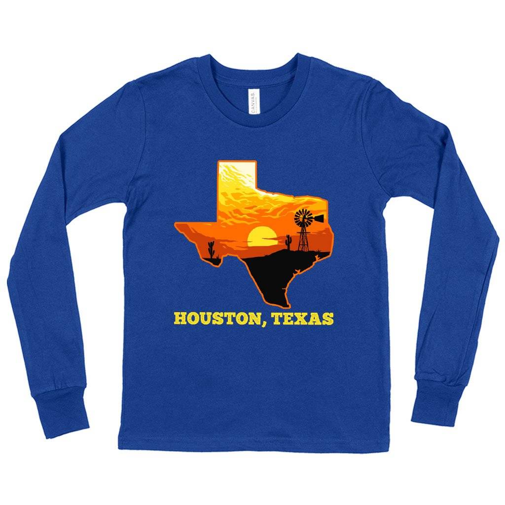 72233-75922b.jpeg Kids' Houston Texas Long Sleeve T-Shirt - Cool Houston T-Shirts Kids & Baby Kids' Clothing Color : True Royal Blue|Heather Yellow Gold|Dark Gray Heather