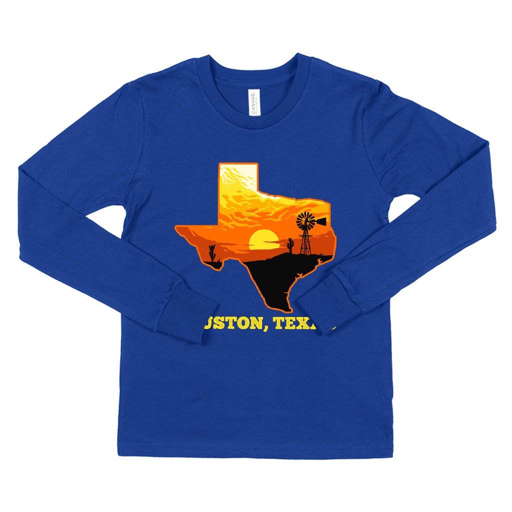 72233-ba7a71.jpeg Kids' Houston Texas Long Sleeve T-Shirt - Cool Houston T-Shirts Kids & Baby Kids' Clothing Color : True Royal Blue|Heather Yellow Gold|Dark Gray Heather