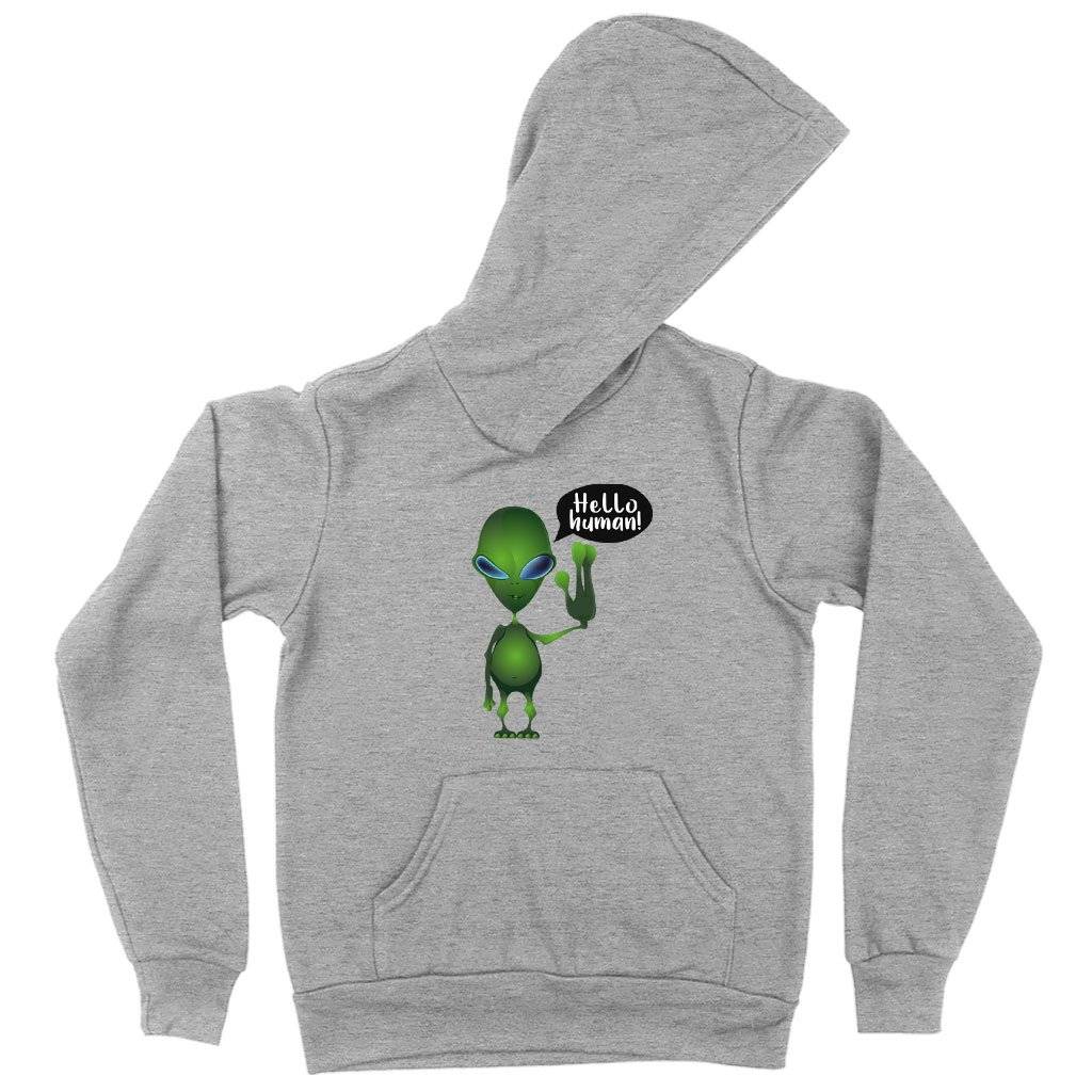 73345-818e4c.jpeg Kids' Sponge Fleece Hello Human Hoodie - Alien Hoodie Kids & Baby Kids' Clothing Color : Athletic Heather|Military Green|Black