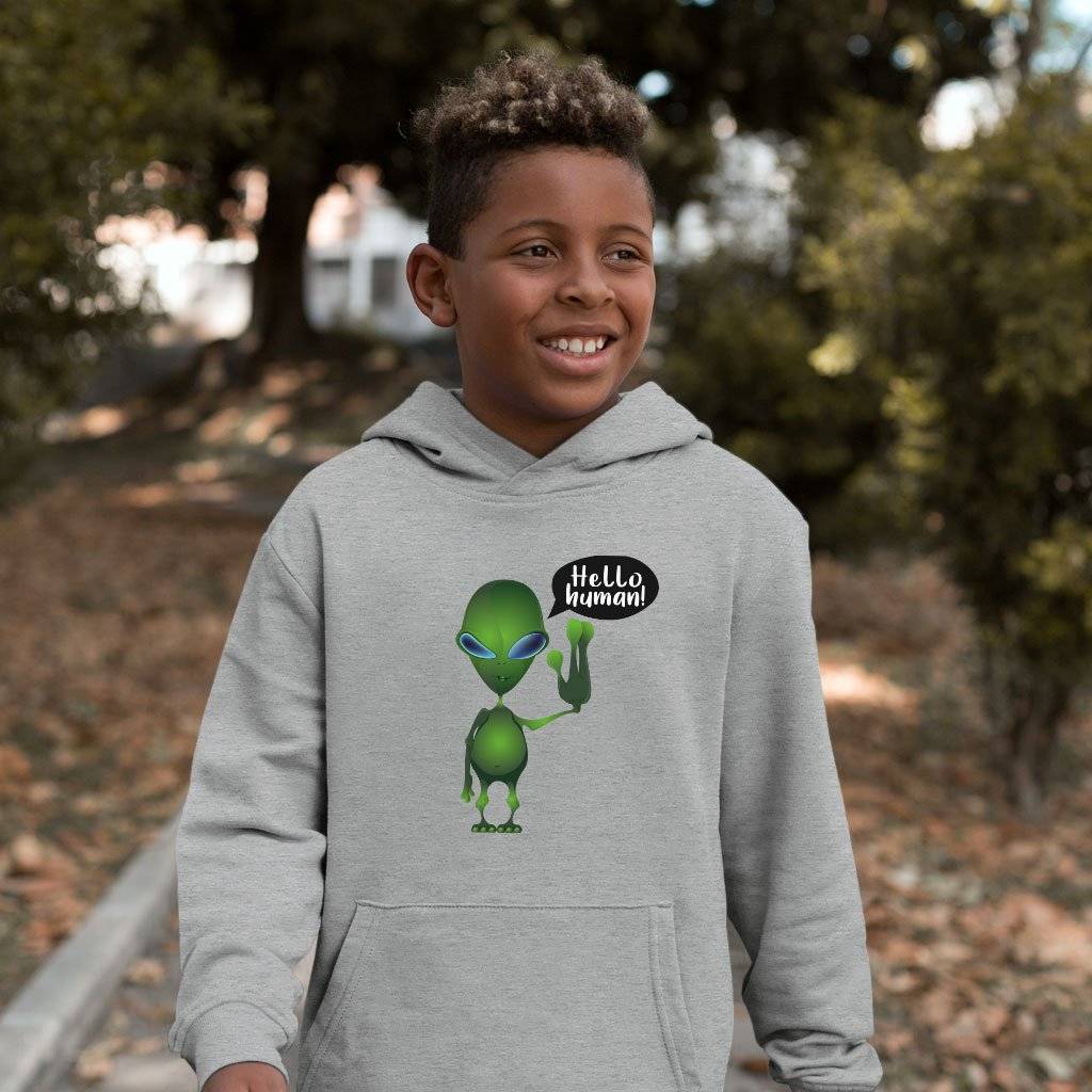 73345-e3d478.jpeg Kids' Sponge Fleece Hello Human Hoodie - Alien Hoodie Kids & Baby Kids' Clothing Color : Athletic Heather|Military Green|Black