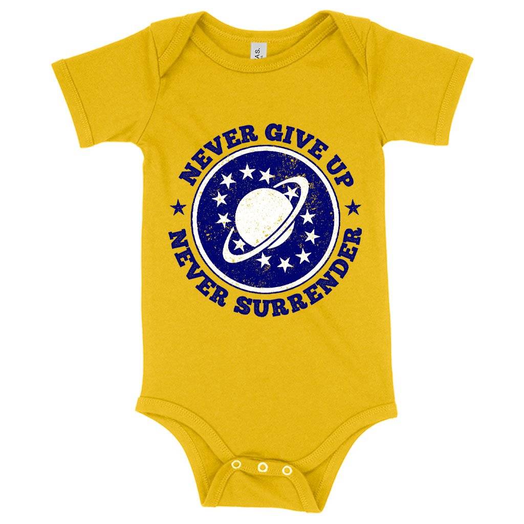 80854-14678a.jpeg Baby Jersey Never Give Up Onesie - Galaxy Quest Onesie - Galaxy Quest Apparel Baby Clothing Kids & Baby Color : Heather Dust|Heather Columbia Blue|Yellow