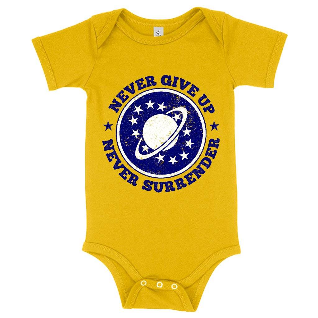 80854-bc37e7.jpeg Baby Jersey Never Give Up Onesie - Galaxy Quest Onesie - Galaxy Quest Apparel Baby Clothing Kids & Baby Color : Heather Dust|Heather Columbia Blue|Yellow