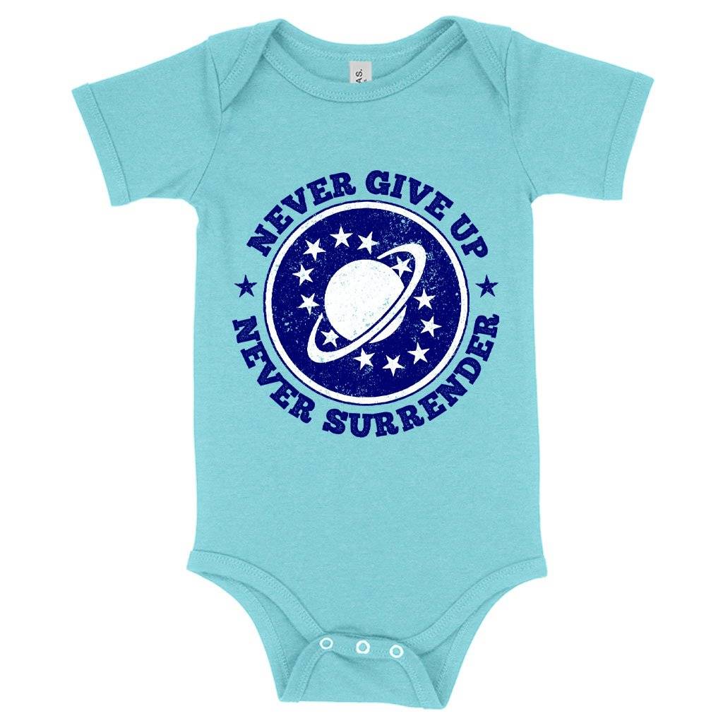 80963-5feb11.jpeg Baby Never Give Up Onesie - Galaxy Quest Onesie - Galaxy Quest Apparel Baby Clothing Kids & Baby Color : Gray Triblend|Peach Triblend|Ice Blue Triblend