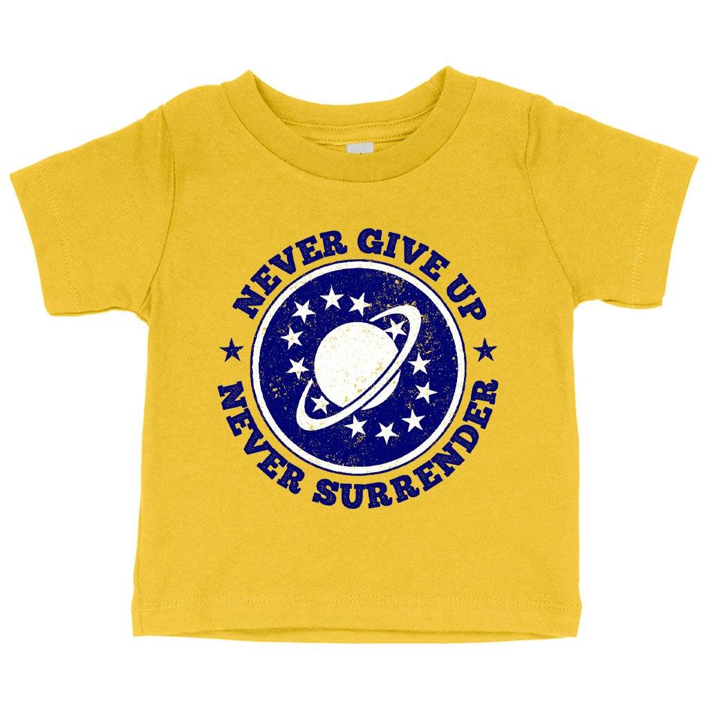 80971-644211.jpeg Baby Never Give Up T-Shirt - Galaxy Quest T-Shirt - Galaxy Quest Apparel Baby Clothing Kids & Baby Color : Yellow|Navy|Pink