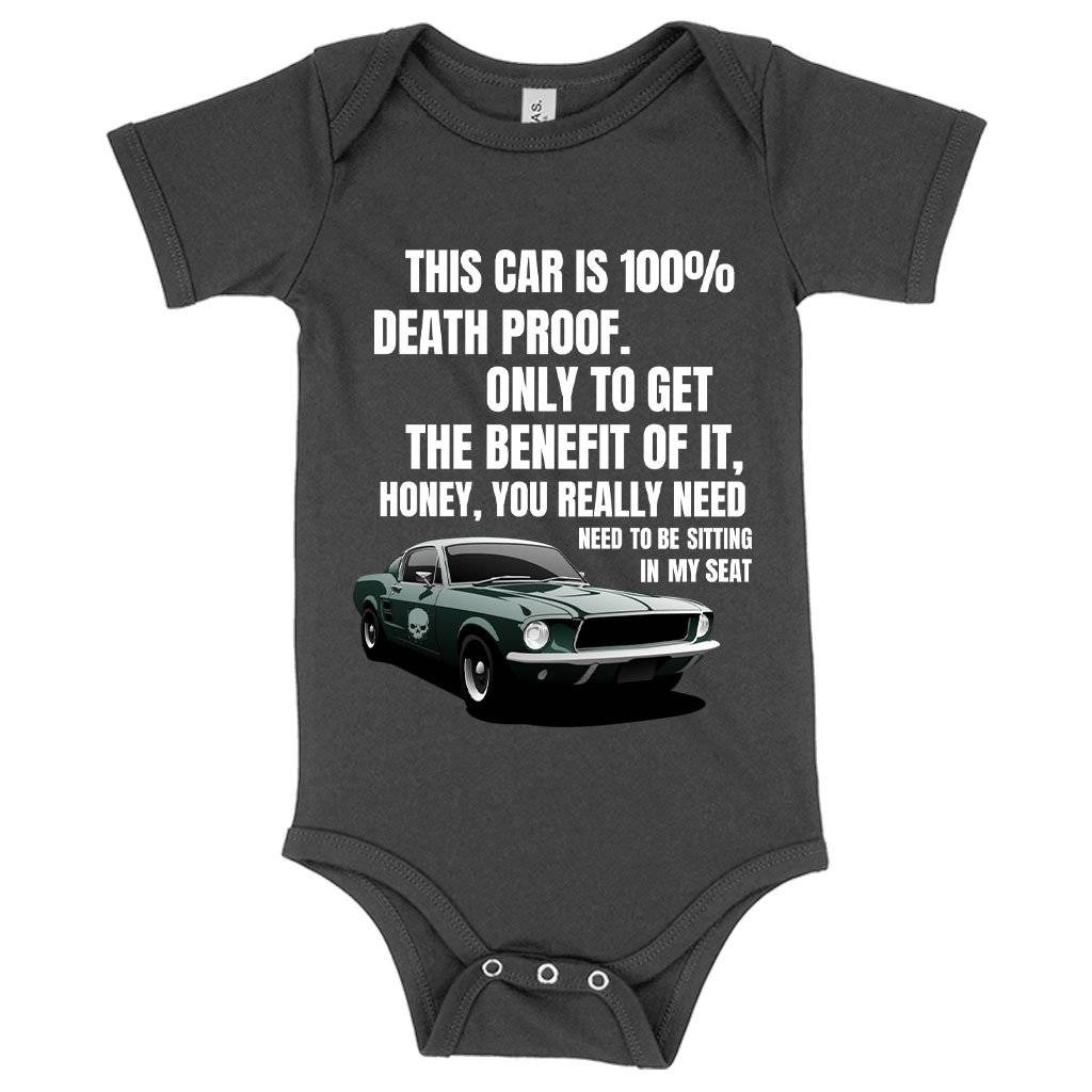 81567-2cc5a6.jpeg Baby Jersey This Car Is 100% Death Proof Onesie - Death Proof Movie Onesie Baby Clothing Kids & Baby Color : Heather Dust|Pink|Asphalt