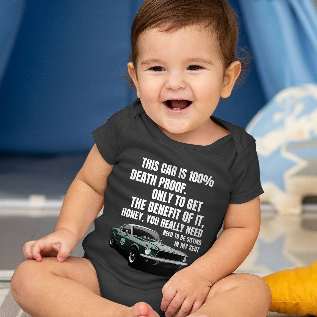 81567-bc4fa0.jpeg Baby Jersey This Car Is 100% Death Proof Onesie - Death Proof Movie Onesie Baby Clothing Kids & Baby Color : Heather Dust|Pink|Asphalt
