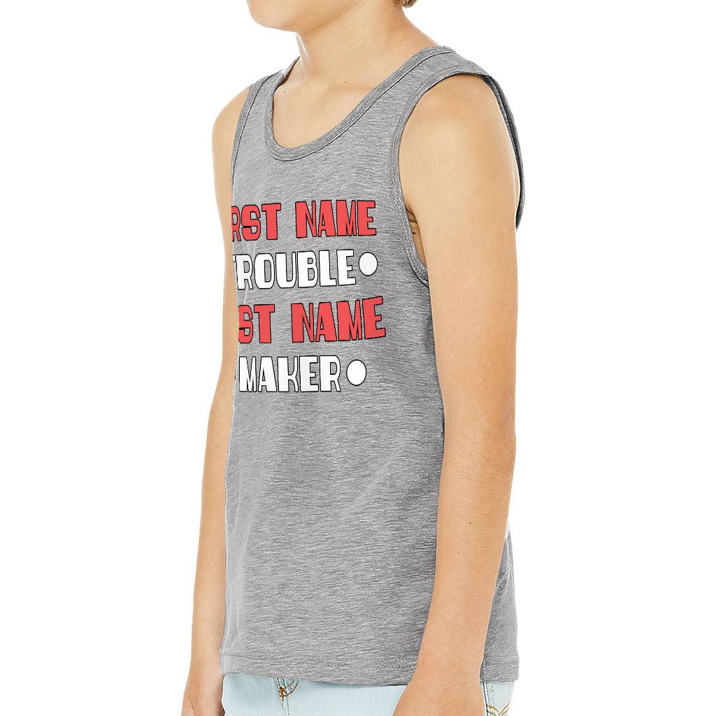 Trouble Maker Kids’ Jersey Tank – Funny Sleeveless T-Shirt – Cool Kids’ Tank Top Tanks Trouble Maker Kids' Jersey Tank - Funny Sleeveless T-Shirt - Cool Kids' Tank Top Tanks Color : Athletic Heather|Black|Dark Gray Heather|White