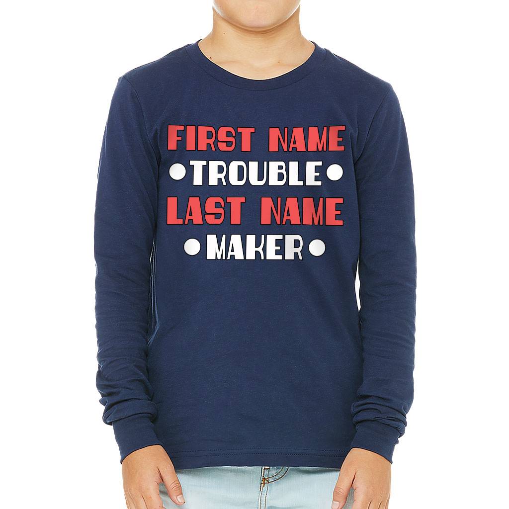 Trouble Maker Kids’ Long Sleeve T-Shirt – Funny T-Shirt – Cool Long Sleeve Tee Kids’ Clothing Trouble Maker Kids' Long Sleeve T-Shirt - Funny T-Shirt - Cool Long Sleeve Tee Kids' Clothing Color : Black|Gray Triblend|Navy|White