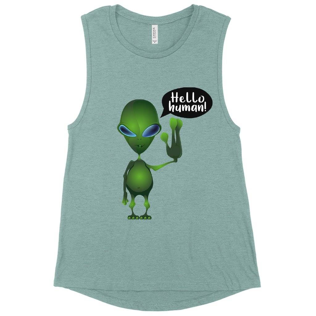 Women’s Muscle Hello Human Tank – Alien Tank Women Women’s Tops & Tees Women's Muscle Hello Human Tank - Alien Tank Women Women's Tops & Tees Color : Maroon|Heather Dusty Blue|White
